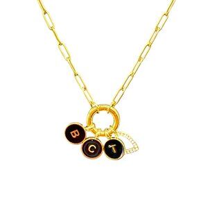 Plunder Black Enamel Rhinestone Bct Heart Pendant Chain Necklace Gold Tone